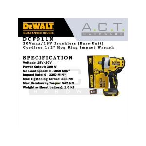 Dewalt DCF911N-B1, 20V Cordless 1/2″ Impact Wrench With Hog Ring Anvil (BARE TOOL), DCF911N